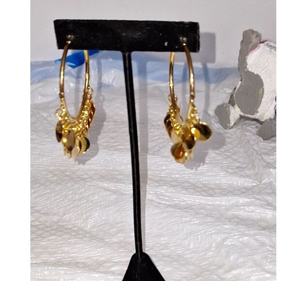 Gold Tone Dangle Drop Earrings Pierced Harem Turkish Style Hoops Elegant Evening - Picture 1 of 8